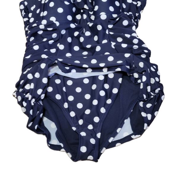 Unique Vintage Navy & White Polka Dot Corinne Halter Sheath Swimsuit 1X NWT - Picture 4 of 13